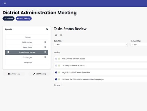 LoopSpire makes meetings meaningful and productive. Document your agenda as you go, assign project tasks and track progress, address challenges and solutions for your district.
